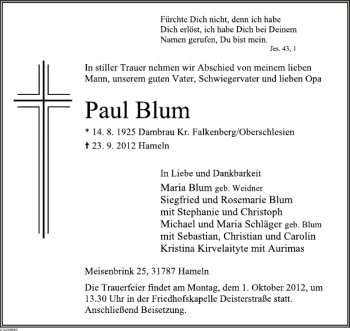 Traueranzeige von Paul Blum von Deister- und Weserzeitung