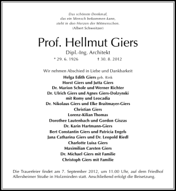 Traueranzeige von Prof. Hellmut Giers von Deister- und Weserzeitung