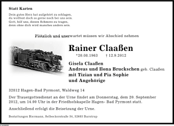 Traueranzeige von Rainer Claaßen von Deister- und Weserzeitung