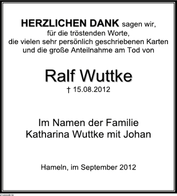 Traueranzeige von Ralf Wuttke von Deister- und Weserzeitung