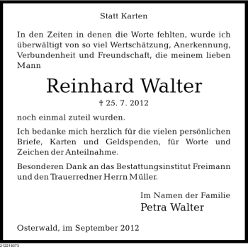 Traueranzeige von Reinhardt Walter von Deister- und Weserzeitung