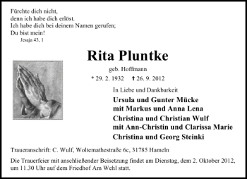 Traueranzeige von Rita Pluntke von Deister- und Weserzeitung