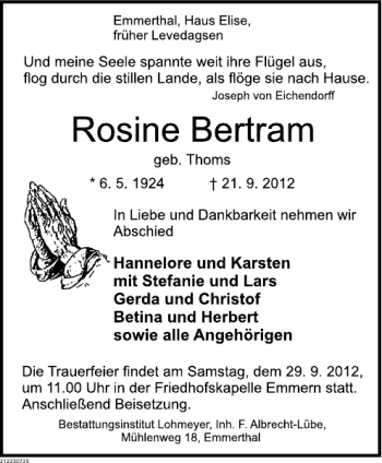 Traueranzeige von Rosine Bertram von Deister- und Weserzeitung