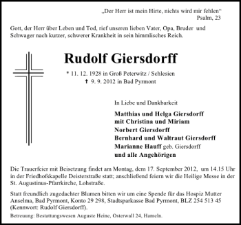 Traueranzeige von Rudolf Giersdorff von Deister- und Weserzeitung