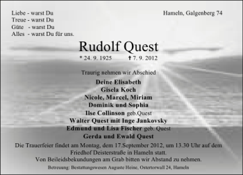 Traueranzeige von Rudolf Quest von Deister- und Weserzeitung