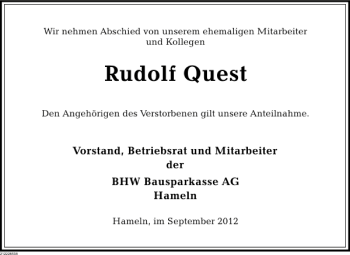 Traueranzeige von Rudolf Quest von Deister- und Weserzeitung