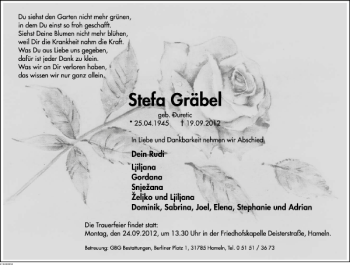 Traueranzeige von Stefa Gräbel von Deister- und Weserzeitung