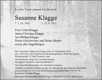 Traueranzeige von Susanne Klagge von Deister- und Weserzeitung