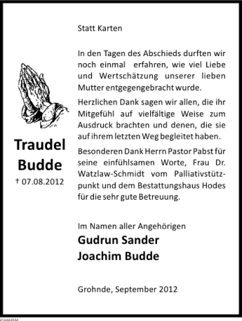 Traueranzeige von TDK Traudel Budde von Deister- und Weserzeitung