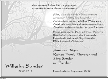 Traueranzeige von TD Wilhelm Sander von Deister- und Weserzeitung