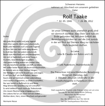 Traueranzeige von Taake  von Deister- und Weserzeitung