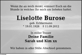 Traueranzeige von Trauer Liselotte Burose von Deister- und Weserzeitung