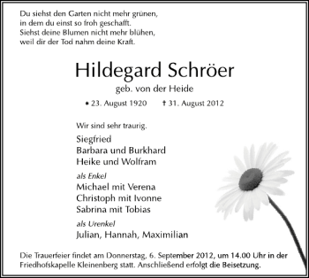 Traueranzeige von Traueranz. Hildegard Schröer von Deister- und Weserzeitung