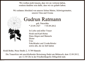 Traueranzeige von Traueranz. Ratmann Korrektur von Deister- und Weserzeitung