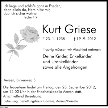 Traueranzeige von Kurt Griese von Deister- und Weserzeitung