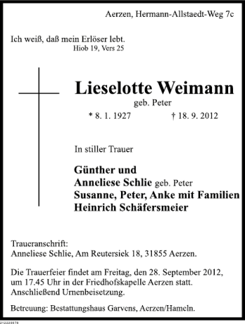 Traueranzeige von Traueranzeige Weimann von Deister- und Weserzeitung