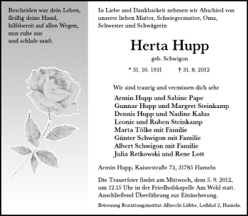 Traueranzeige von Traueranzeige Herta Hupp von Deister- und Weserzeitung