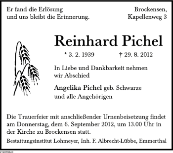 Traueranzeige von Traueranzeige Reinhard Pichel von Deister- und Weserzeitung