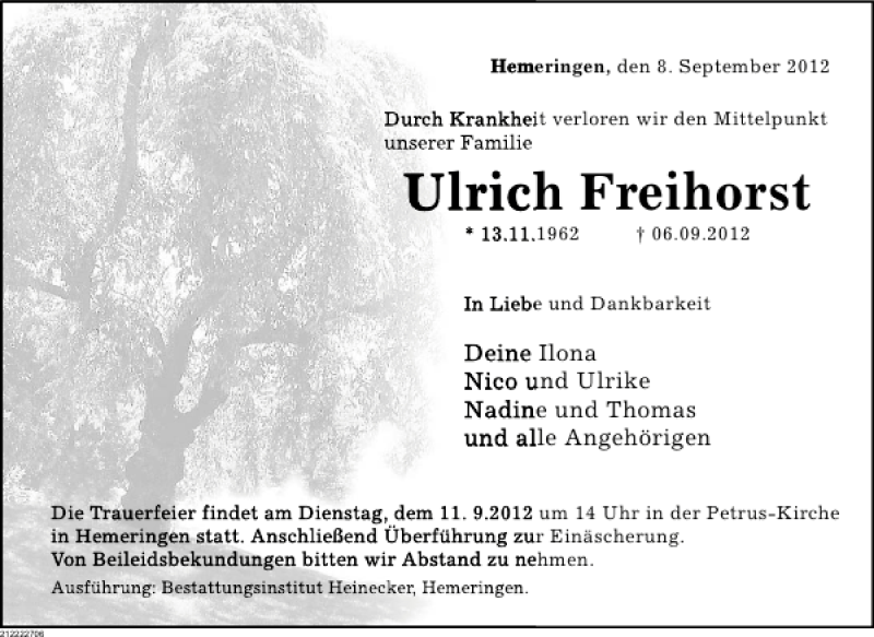  Traueranzeige für Ulrich Freihorst vom 08.09.2012 aus Deister- und Weserzeitung