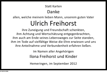 Traueranzeige von Ulrich Freihorst von Deister- und Weserzeitung