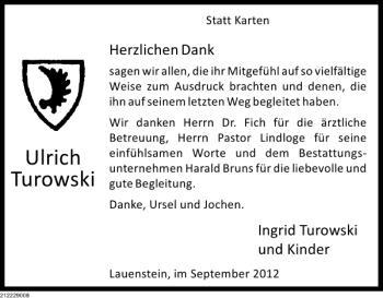 Traueranzeige von Ulrich Turowski von Deister- und Weserzeitung