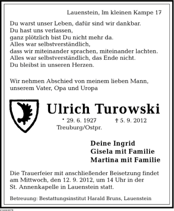 Traueranzeige von Ulrich Turowski von Deister- und Weserzeitung