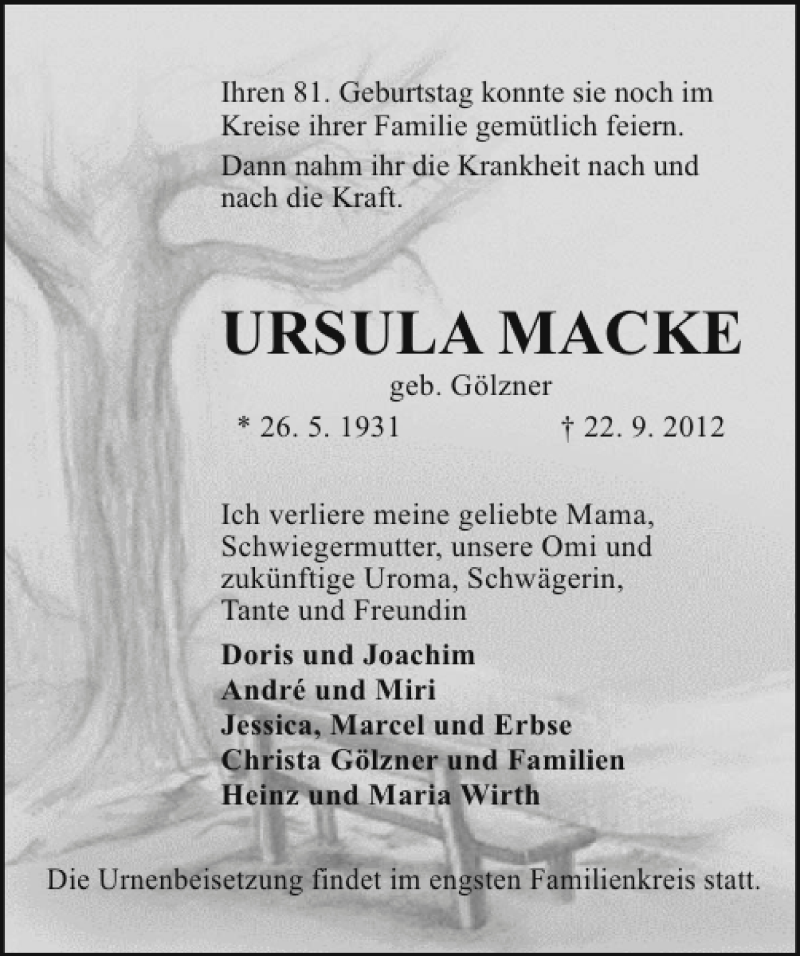  Traueranzeige für Ursula Macke vom 29.09.2012 aus Neue Deister-Zeitung