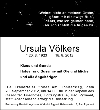Traueranzeige von Ursula Völkers von Deister- und Weserzeitung
