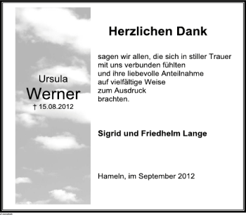 Traueranzeige von Ursula Werner von Deister- und Weserzeitung