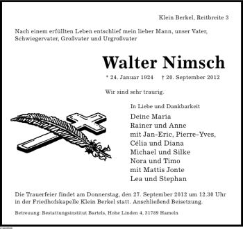 Traueranzeige von Walter Nimsch von Deister- und Weserzeitung