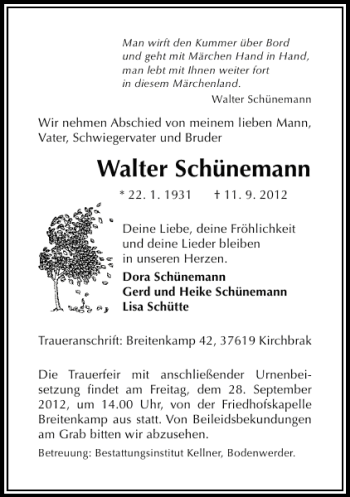 Traueranzeige von Walter Schünemann von Deister- und Weserzeitung