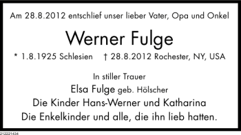 Traueranzeige von Werner Fulge von Deister- und Weserzeitung