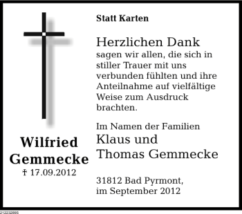 Traueranzeige von Wilfried Gemmecke von Deister- und Weserzeitung