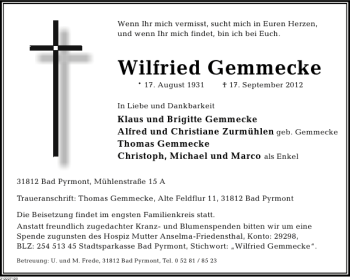 Traueranzeige von Wilfried Gemmecke von Deister- und Weserzeitung