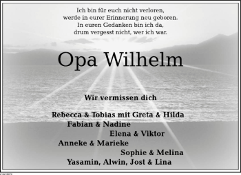 Traueranzeige von Wilhelm Sander von Deister- und Weserzeitung