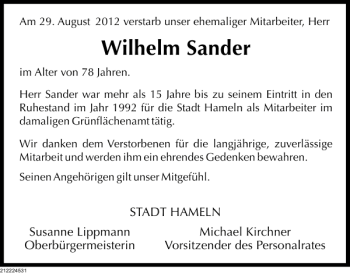 Traueranzeige von Wilhelm Sander von Deister- und Weserzeitung
