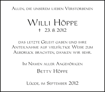 Traueranzeige von Willi Höppe von Deister- und Weserzeitung
