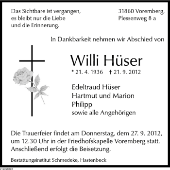 Traueranzeige von Willi Hüser von Deister- und Weserzeitung