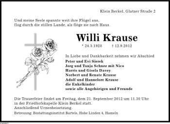 Traueranzeige von Willi Krause von Deister- und Weserzeitung