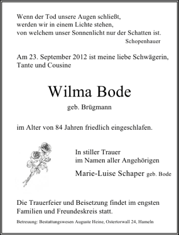 Traueranzeige von Wilma Bode von Deister- und Weserzeitung