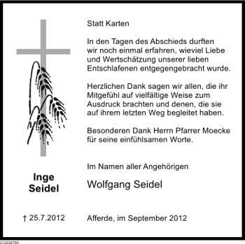 Traueranzeige von Wolfgang Seidel von Deister- und Weserzeitung