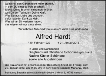 Traueranzeige von Alfred Hardt von Deister- und Weserzeitung
