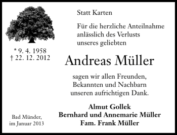 Traueranzeige von Andreas Müller von Neue Deister-Zeitung