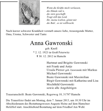 Traueranzeige von Anna Gawronski von Deister- und Weserzeitung