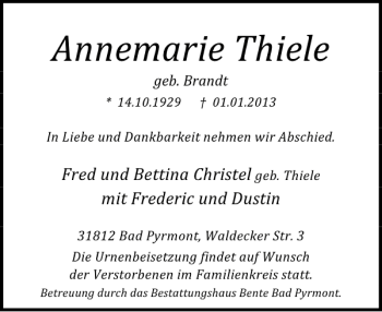 Traueranzeige von Annemarie Thiele von Deister- und Weserzeitung