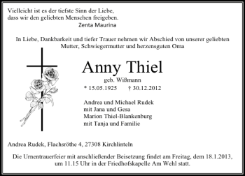 Traueranzeige von Anny Thiel von Deister- und Weserzeitung