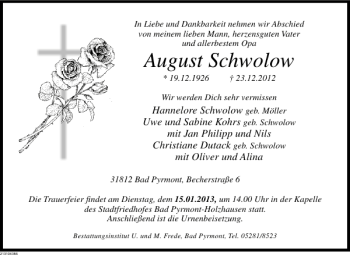 Traueranzeige von August Schwolow von Deister- und Weserzeitung