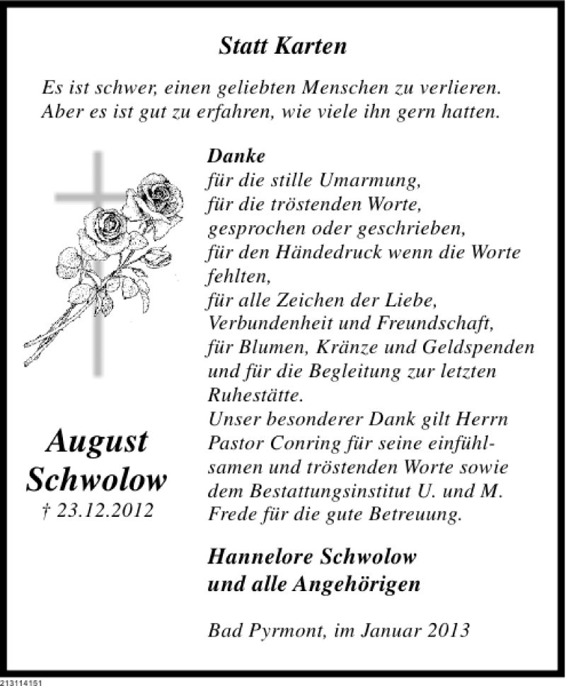  Traueranzeige für August Schwolow vom 26.01.2013 aus Deister- und Weserzeitung