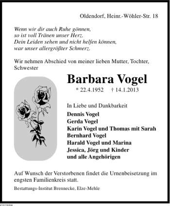 Traueranzeige von Barbara Vogel von Deister- und Weserzeitung