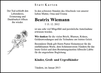 Traueranzeige von Beatrix Wiemann von Deister- und Weserzeitung